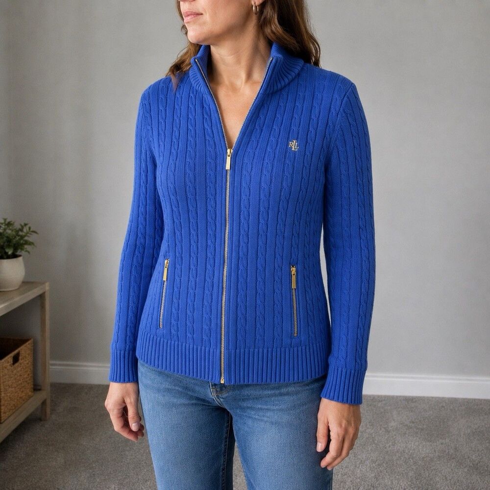 Lauren Ralph Lauren Women M Blue Cable Knit Full Zip Sweater Gold Logo Cotton